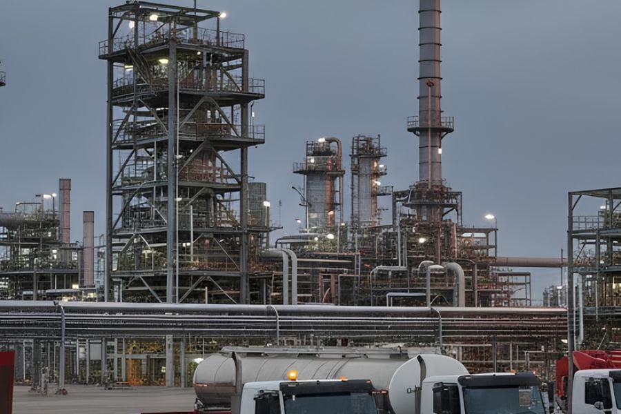 Fuel and water tanker vehicles at an industrial site