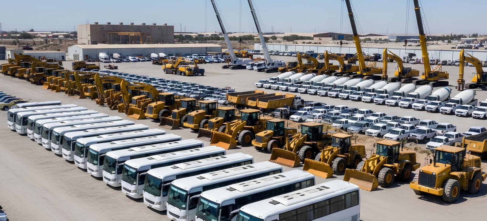 Aerial view of the Sama Al Ibtikaar fleet yard with buses, cranes, excavators and pickups