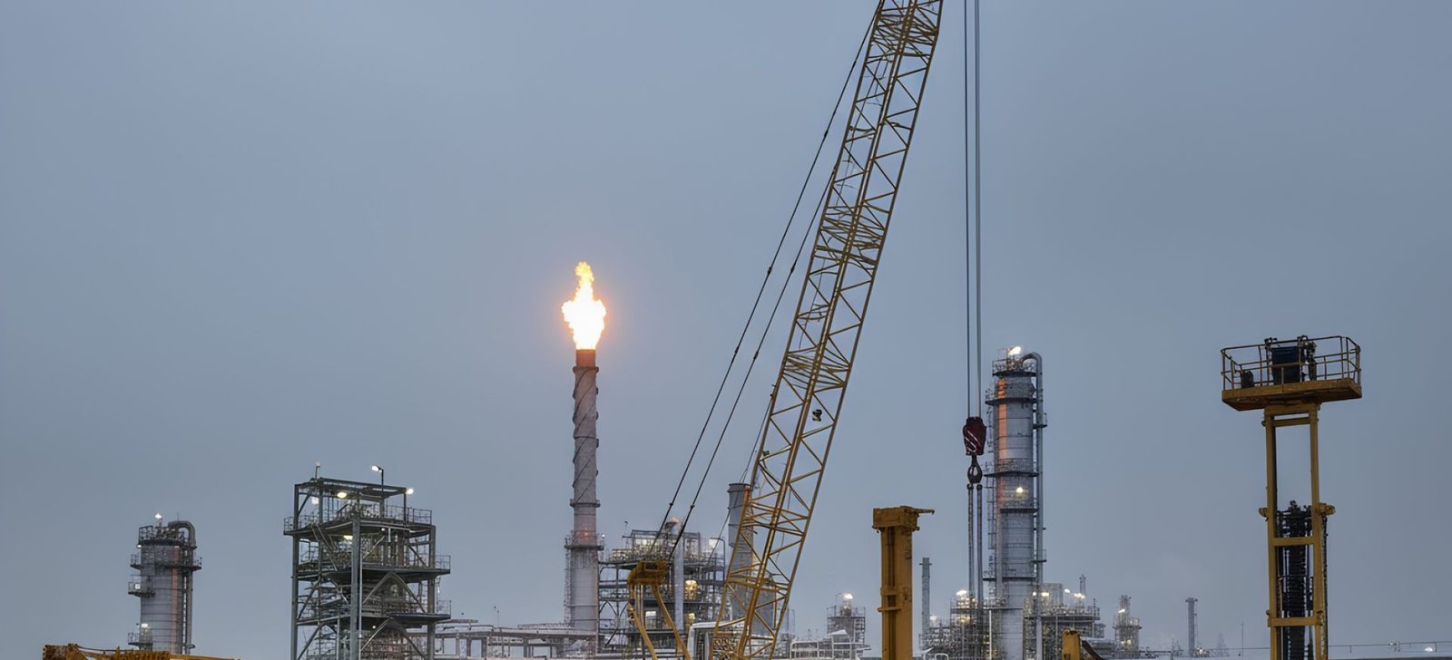 Crawler crane, mobile crane and manlifts positioned at an oil and gas plant
