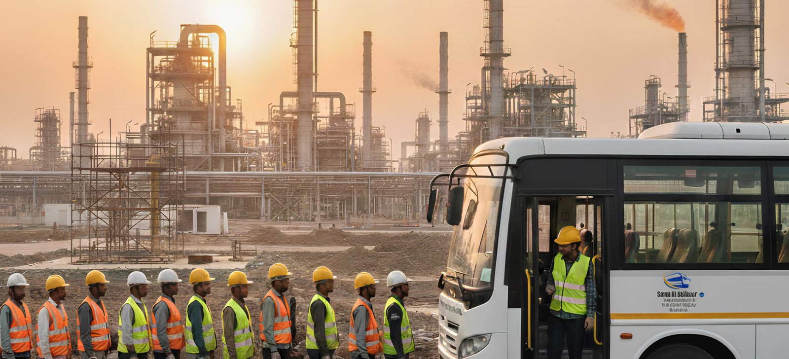 Skilled workforce in safety gear boarding a company bus at a Saudi Arabian refinery site