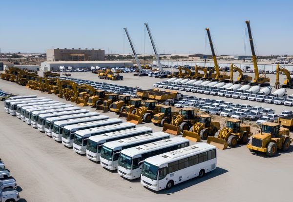 Aerial view of the Sama Al Ibtikaar yard with buses, cranes, excavators and pickups