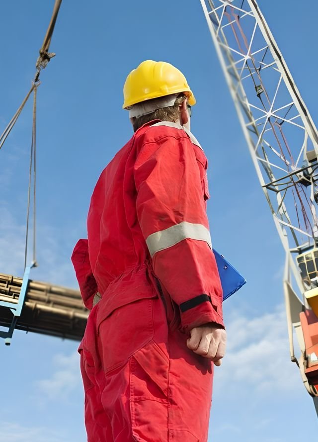Sama Al Ibtikaar safety supervisor overseeing a crane lift on an oil and gas site