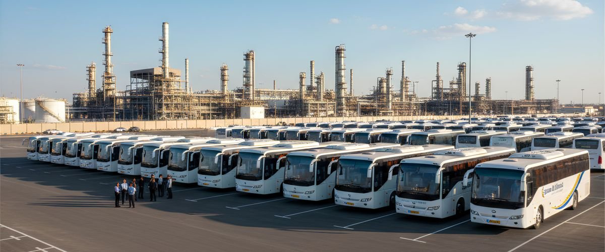 Large fleet of Sama Al Ibtikaar staff transport buses at an industrial facility