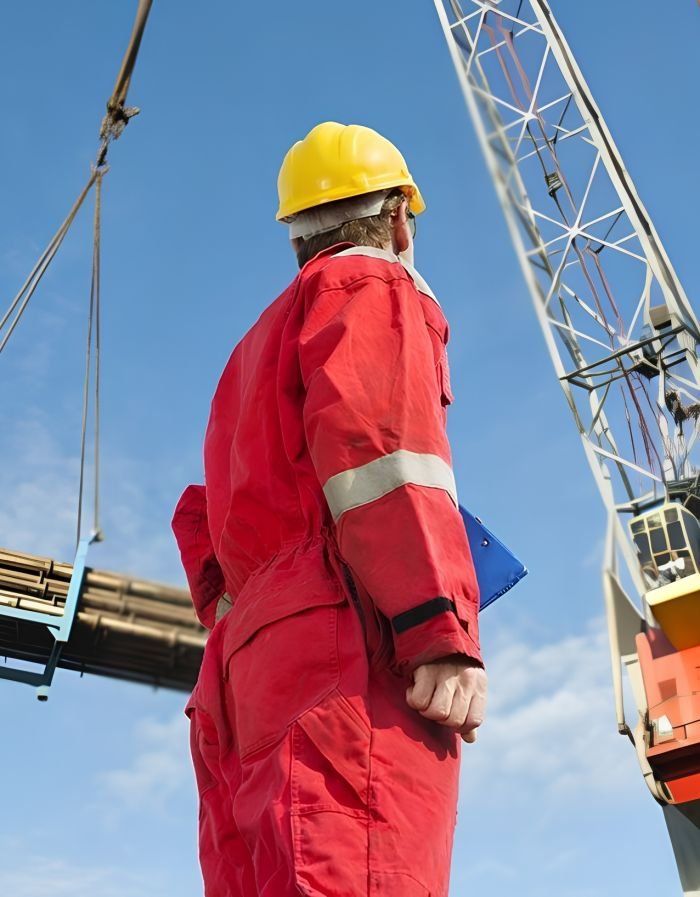 Safety supervisor in protective clothing overseeing a crane lift