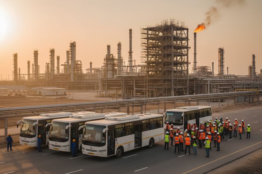 Fleet of staff transport buses with workforce at a Saudi Arabian refinery