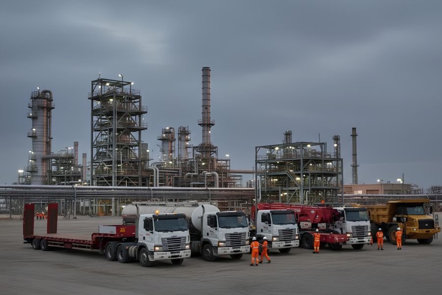 Heavy haulage trucks, tankers and support vehicles lined up at a refinery