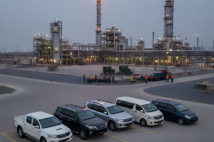 Light vehicle fleet of pickups, SUVs and vans parked at a gas plant